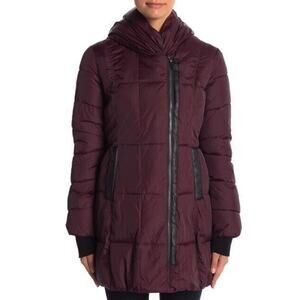 French Connection Burgundy Wine Asymmetrical Pillow Hood Puffer Coat Women Med.